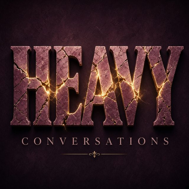 Heavy Conversations logo: the word HEAVY in cracked plum and rose stone with gold light glowing through